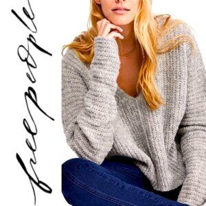 Free People Moonbeam Gray Alpaca Wool V-Neck Chunky Knit Oversized Sweater S P